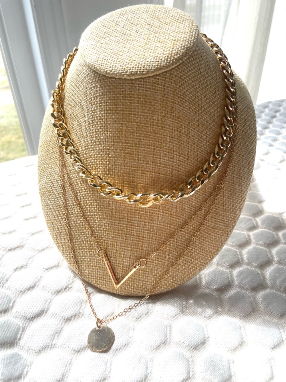 3-Layer Gold Necklace Set with V Pendant, bracelet and earring set